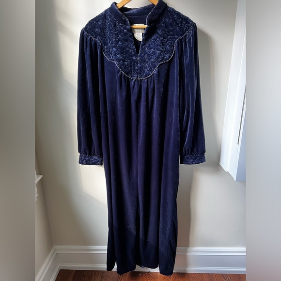 JASMINE ROSE Velvet Floral Grannycore Nightgown Prairie Blue Long Fall‎ Cozy L - Picture 1 of 5
